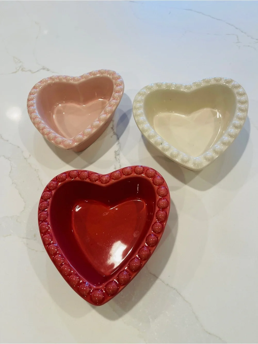 Williams Sonoma Beaded Heart Ramekin Trio in Red, Pink, Cream